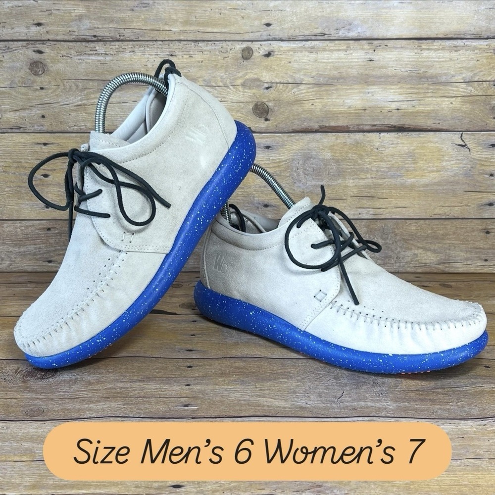 World Boots Hemera Taupe Royal Blue Suede Moccasin Sneakers Mens 6 Womens 7 NEW